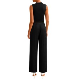 PRETTYGARDEN 2 Piece Sets for Women Summer 2025 Airport Travel Outfits Crop Tank Tops Wide Leg Pants Matching Lounge Sets (Black,Medium)