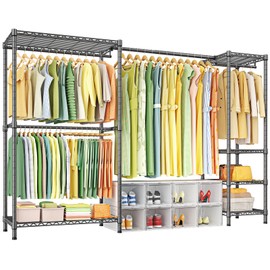 Ulif E10 Clothes Rack（With Stretchable Hanger Rod）Freestanding Clothing Racks for Hanging Clothes，Adjustable Closet Organizer System，Portable Garment Rack 73-97" W x 15" D x 72" H，Max Load 800LBS，Grey