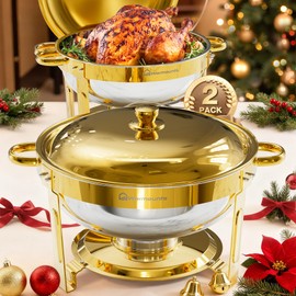 WARMOUNTS Gold Chafing Dishes for Buffet 2 Pack, 5QT Stainless Steel Round Chafers and Buffet Warmers Sets with Lid Holder, Rolled Rim Process, Stackable Design, for Catering, Parties, Weddings