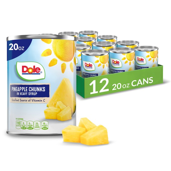 Dole Canned Fruit, Pineapple Chunks in Heavy Syrup, Gluten Free, Pantry Staples, 20 Oz, 12 Count