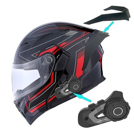 1Storm Motorcycle Modular Full Face Flip up Dual Visor Helmet + Spoiler + Motorcycle Bluetooth Headset: HB89 Arrow Red