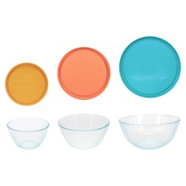 Pyrex Sculpted Glass Bowls w/Lids: 7401, 7401-PC Lemon Drop Yellow, 7402, 7402-PC Bahamas Sunset, 7403, and 7403-PC Turquoise Green