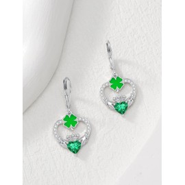 Shusukue St Patricks Day Shamrock Earrings for Women 925 Sterling Silver Four Leaf Clover Dangle Earrings Irish Claddagh Earrings Green Lucky Jewelry, Base, Created Zircon