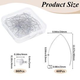 SOFPLATE 1 Box 40Pcs Drop Earring Hooks Stainless Steel Earring Wires Silver Long Marquise V Shaped Hook Earring Findings with Ear Nuts and Loop Dangle Earring Wires for Jewellery Making Supplies DIY
