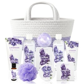 BODY & EARTH Cestas de regalo de spa para mujer, 11 piezas, juegos de regalo de lavanda con baño de burbujas, gel de ducha, loción corporal, regalos de cumpleaños para mamá, kit de spa, regalo morado para ella, regalos del día de la madre para mamá