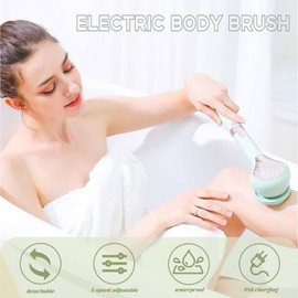 Electric Body Brush, 6in1 Back Scrubber for Shower with 3 Speed, IPX7 Waterproof Silicone Bath Scrubber, Rechargeable Electric Spin Scrubber, Cordless Bath Brush for Clean Exfoliate Massage (Green)