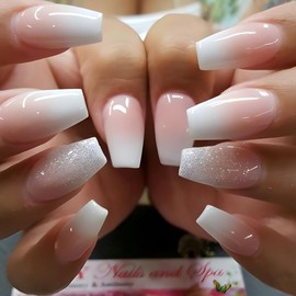 MouyouGlow Press on Nails Short Ballerina Baby Boomer Colour Gradient White Glitter Fake Nails Artificial Nails with Nail Glue, Natural Pink Ombre White Artificial Fingernails ..