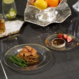 STACKABLES ~ Pack of 20 Hard Plastic Plates ~ 10.25 Inch Round Clear Plate with Doubled Gold Rim ~ Multi-Purpose Reusable Plate for Weddings Parties Catering & Picnic