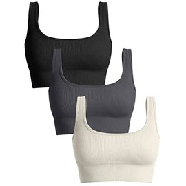 OQQ Women's 3 Piece Medium Support Tank Top Ribbed Seamless Removable Cups Workout Exercise Sport Bra Black Darkgrey Beige