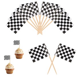 100pcs Checkered Flags, White and Black Mini Checkered Cocktail Pick Flags Race Car Cupcake Toppers Double Side Printed Checkered Flag Cupcake Stick for Race Car Party Supplies Decorations