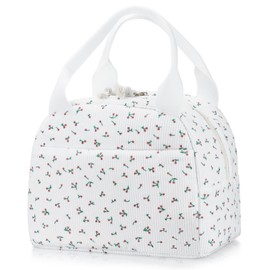 BuyCard Insulated Lunch Bag Women, Reusable Corduroy Cute Lunch Box, Leakproof Floral Lunch Tote Bag with Large Capacity, Small Cooler Lunch Container for Work Office Travel Picnic (Cherry)