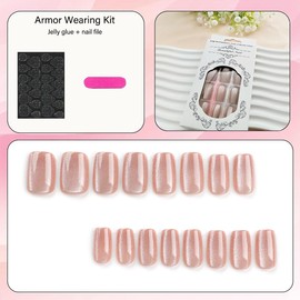 Pink Press On Nails,Short Square Fake Nails,Glitter Shiny False Nails,with Designs Glossy Ombre Glue on Nails,for Cat Eye Artificial Stick on Nails for Women 24Pcs