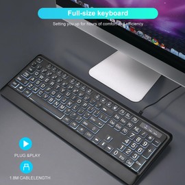 LOONASA Large Print Backlit Keyboard with Palm Rest, Comfortable Quiet USB Wired Lighted Computer Keyboards, Easy to See & Type, White LED Backlit, Big Letters Keys, Full Size Keyboard for PC, Laptop