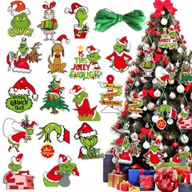 32 Pcs Christmas Decorations for Grinch, Christmas Tree Decorations Paper Cutouts for Hanging on Xmas Tree, Winter Holiday Party Supplies