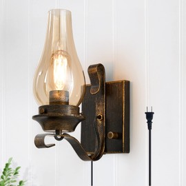 Yisuro Plug in Wall Sconce,Oil Rubbed Bronze Wall Sconces,Retro Rustic Wall Lamps,Sconces Wall Lighting with Amber Glass,Indoor Vintage Bedside Wall Lighting for Living Room Bathroom