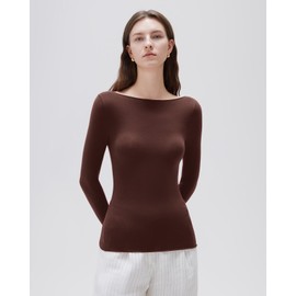 SUUKSESS Cloud Cashmere Women Boat Neck Fitted Long Sleeve Shirts Basic Knit Going Out Tops (Brown, S)