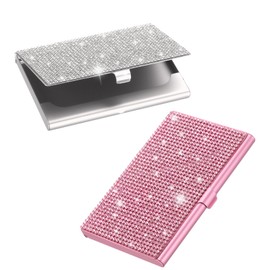PATIKIL Bling Alloy Business Card Holder, 2Pcs Rhinestone Name Credit Card Organizer Bling Pocket Display for Women Office Exhibition, Silver Tone/Pink