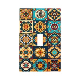 Mexican Talavera Ceramic Tile Moroccan Boho Decorative Light Switch Cover 1 Gang Single Toggle Device Electrical Faceplate Switchplates Decorator Outlet Wall Plate for Bathroom Kitchen Decor