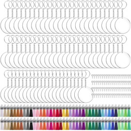 Duufin 400 Pieces Acrylic Key Ring Blanks Set with Leather Tassels Pendant Key Rings with Chain Acrylic Transparent Circle Blanks Jump Rings, Acrylic Discs Kit for Crafts
