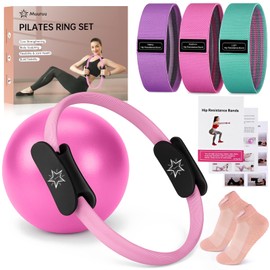 Pilates Ring Set, Pilates Equipment for Home Workouts, 14 Inch Magic Circle with Padded Handles, Mini Exercise Ball, 3 Resistance Bands, Non-Slip Socks, Essentials Kit for Women, Beginners (Pink)