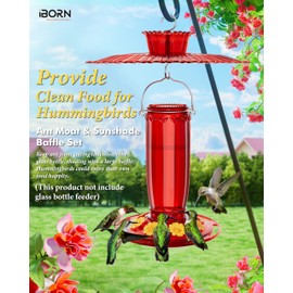 iBorn Hummingbird Feeders Sun Baffle,Ant Proof Moat Shade Cover Combo,for Hanging Bird Feeder for Outdoors Rain Guard,Red, 10.6inch