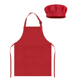 TOPWAYS Kids Apron and Chef Hat Set, Adjustable Children Chef Apron Outfit Costume, Kitchen Apron for Baking Cooking Painting, Artist Apron with Two Pockets (red, M (3 to 6 years)