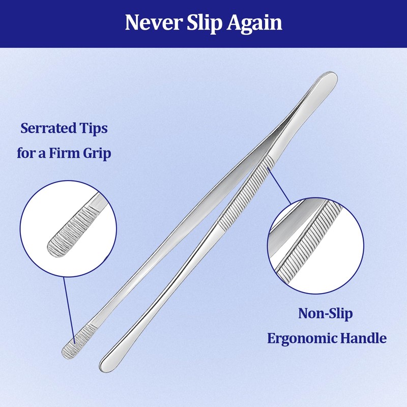 12-inch Stainless Steel Cooking Tongs & Tweezers, Non-Slip Grip &