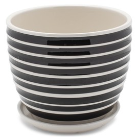 Napco Striped Ribbed Ceramic Pot for Indoor Plants Planter with Saucer, 4x5, Black and White