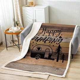 Camper Decor Sherpa Blanket, Happy Camping Throw Size Throw Blanket For For Travel Trailers, Brown Rustic Barn Door Fleece Blanket Country Farmhouse Barn Door Flannel Blanket For Teens Adult Women