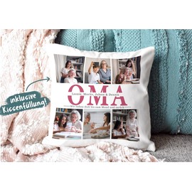Photo Cushion Design Yourself – Grandma wir lieben Dich – Collage with 6 Photos & Names – Gift for the Best Grandma from Grandchildren – Includes Filling, White Fluffy Cushion, 40 x 40 cm