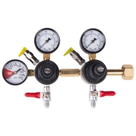 CMB Dual Body Beer Regulator, CO2 Regulator dual body, Commercial CO2 Regulator for dispensing beer and other beverages with two different pressures, includes swivel nuts, 5/16 barbs and 1/4" barbs