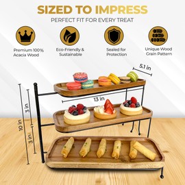 Platterly 3 Tiered Serving Trays & Platters, 13" x 5.1" Acacia Wooden Cupcake Stand, Rotatable Serving Platter & Trays with Metal Stand for Party, Charcuterie Boards, Dessert Display, Events