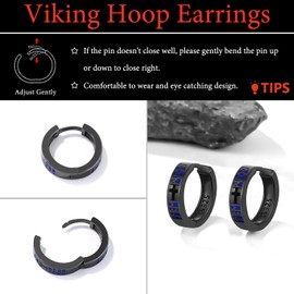 Amavive Viking Earrings Men Celtic Hoop Earrings 16mm 925 Sterling Silver Huggie Rune Hoop Black Blue Earrings for Women Viking Jewelry Gifts