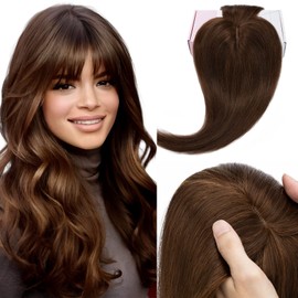 Elailite Human Hair Toppers for Women Real Human Hair Topper Hair Pieces with Bangs for Thinning Thin Hair 5.1"x2.8" Silk Base Clip in Remy Hairpieces 12 Inch Chocolate Brown
