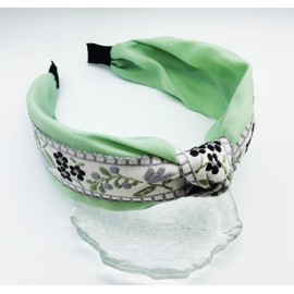 OUTVIE Boho Knotted Green Headband with Handmade Lace Embroidery Floral Headband for Girls Womens