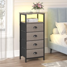 sthmec Nightstand with Charging Station,LED Grey Nightstand with 4 Fabric Drawers PU Finish, Bedside End Tables, 2-Tier Open Storage Shelf Side Table Nightstand with Drawers for Bedroom,Grey