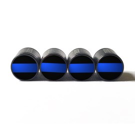 Police Blue Line (Original Flag) Tire Valve Caps - Black Aluminum - Set of Four
