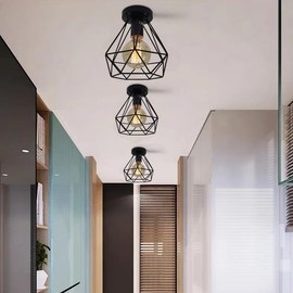 ktjes Vintage Hallway Ceiling Light, Black Semi-Flush Mount Basket Cage Ceiling Lamp Metal Industrial Retro Pendant Light for Stairway Cloakroom Bedroom Kitchen Living Room, Pack of 2