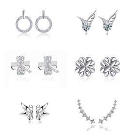 Yolistar 6 Pairs 925 Sterling Silver Stud Earrings for Women, Crystal Earrings, Hoop Earrings, Cubic Zirconia Earrings, Small Earrings, Four Leaf Clover Earrings, Women's Jewellery Gifts, Silver