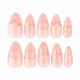 BABALAL Press on Nails Medium - Almond Fake Nails, 3d Bow Texture Gold Chrome Design Acrylic Nails Stiletto Nails Supplies 24pcs Diy Full Cover False Nails Handmade Artificial Nails for Women