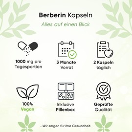 Berberine 1000 mg Daily Portion, 3 Months Supply, 180 Capsules, Includes Pill Box, High Dose Premium Quality, Vegan and Naturally Made from 97% Berberis Vulgaris, No Magnesium Stearate