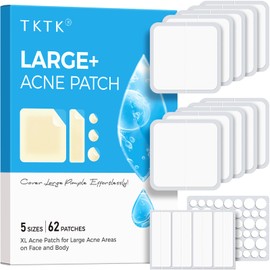 TKTK Large Pimple Patches, 60 mm XL Acne Patches, Big Hydrocolloid Bandages for Body, Face, Forehead, Chin, Neck Zit Breakouts, Hydrocolloid Patch (Square, Strip, Dot 5 Sizes 62 Count)