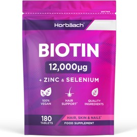 Biotin Tablets 12000ug | 180 Count | High Strength Complex with Zinc and Selenium | Vegan Hair Skin and Nails Supplement | by Horbaach