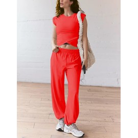Outfeel Women 2 Piece Outfit Set Loungewear Cropped Tops and Jogger Sweatpant Matching Set Coordinated Sweatsuit with Pockets Red X-Large