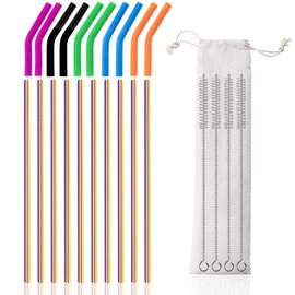 Lazycorner 10 Pcs Metal Straw Reusable 8.5" 6mm Stainless Steel Straws,20oz-32oz, Colorful Drinking Straws with Silicone Tips, 4 Straw Cleaner Brush, 1 Travel Case
