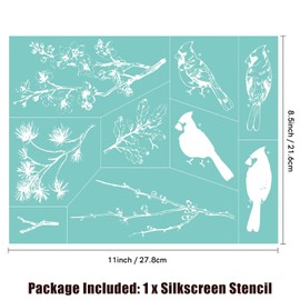 Briartw Two Cardinals & Seasonal Branches Silkscreen Stencil Reusable Self-Adhesive Mesh Stencils Silk Screen Stencil Printing for Polymer Clay Home Decoration Printing on Wood Fabric Wall Cup Plate
