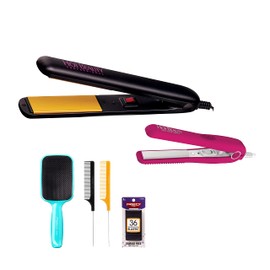 Hot Beauty Ceramic Flat Irons 2-in-1 Value Pack 1" and Mini 1/2" with Free Travel Pouch, 2pcs Combs, Detangling Brush, 36pcs Elastic Band Set