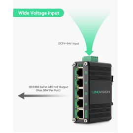 LINOVISION Industrial 5 Ports Gigabit Solar POE Switch with DC9V-54V to DC48V Voltage Booster,4 x IEEE802.3af/at 30W POE Ports @120W, IP40, Compact POE Power for Solar Power/RV Truck/VoIP Systems