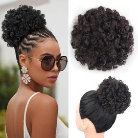 ZIRANJUAN Curly Wavy Afro Puff Drawstring Ponytail Hair Extension for Black Women Loose Wave Short Mini Afro Puff Hairpieces for Girls Kids(Natural Black)