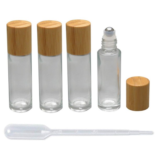 4 Pieces Roll On Bottles 15ml Clear Glass Roller Bottles with Bamboo Lid Empty Refillable Essential Oil Roller Bottles with Stainless Steel Roller Ball and 1 Piece 3ml Dropper
